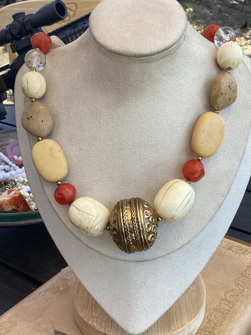 & Other Stories Cream, Gold and Coral Bead Statement Necklace